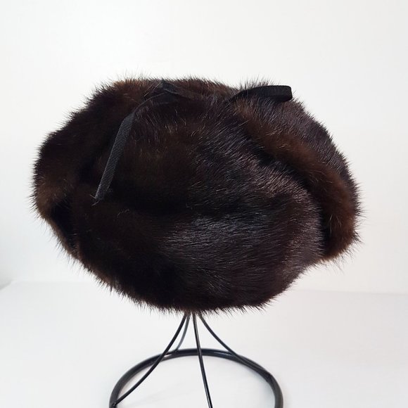 Vintage Dark Brown Mink Suede Fur Aviator Hat, Real Fur Trapper Hat - Picture 9 of 10